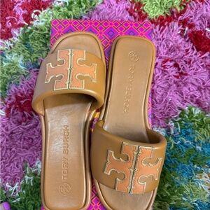 Tory Burch Tan DoubleT Sport Slide Napa Leather